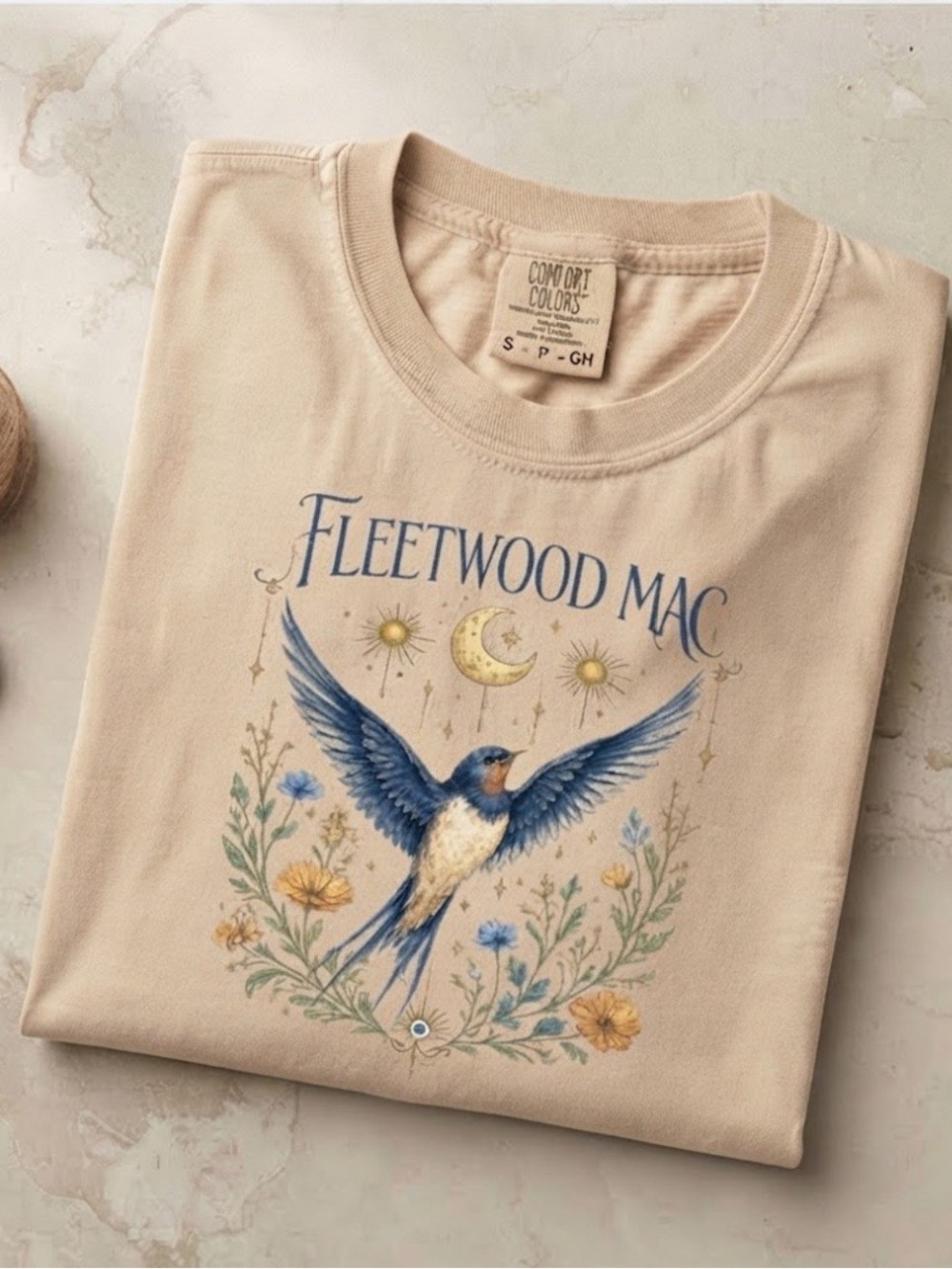Comfort Colors Beige Fleetwood Mac Tee with Blue Bird Graphic